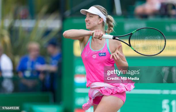 Mona Barthel of Germany in action against Donna Vekic of Croatia during Day Seven of the Nature Valley Open at Nottingham Tennis Centre on June 15,...