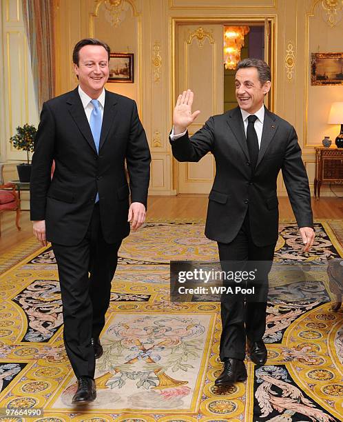 French President Nicolas Sarkozy meets with Conservative Party leader David Cameron at the French Ambassador's Residence, on March 12, 2010 in...