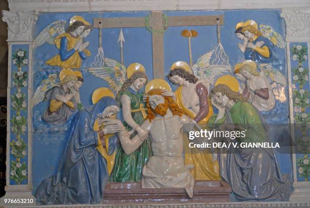 Jesus in the sepulcher between the Virgin and St John, glazed terracotta by Andrea Della Robbia, La Verna sanctuary, Chiusi della Verna, Tuscany,...