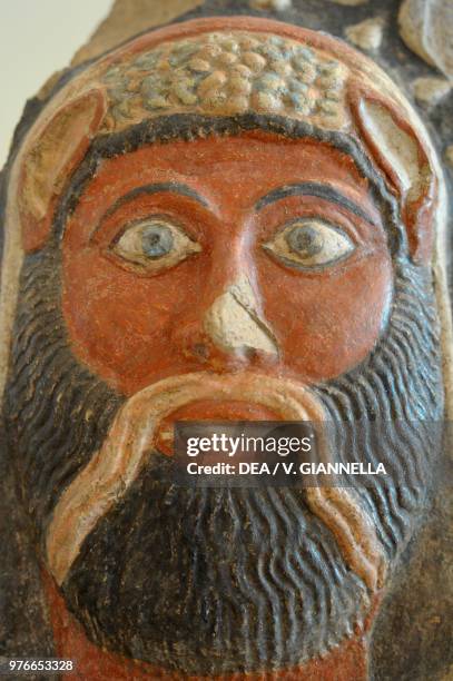 Silenus head-shaped antefix, discovered during excavations in Perugia cathedral, Perugia, Umbria, Italy, 4th-3rd century BC.