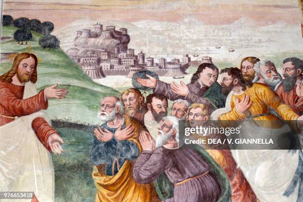 Traditio legis, Christ proclaiming his law to the Apostles, Stories of the Passion of Christ fresco by Christopher Baschenis the Elder, Church of the...