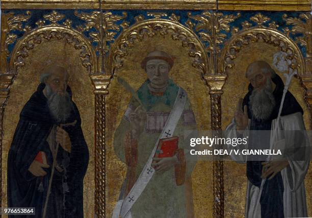 St Lawrence between St Anthony the Great and St Bernardine, triptych in the Church of St Lawrence, Manarola, Cinque Terre , Liguria, Italy, 15th...