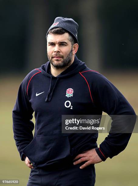 Number 8 Nick Easter looks on during the England rugby union squad training session at Pennyhill Park on March 12, 2010 in Bagshot, England.