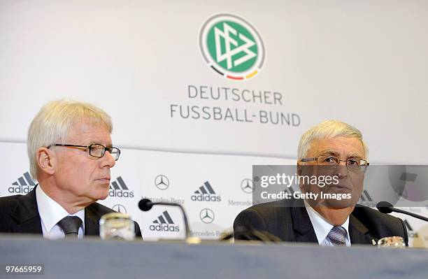 Reinhard Rauball, president of the German football league and Theo Zwanziger, president of the German Football Association talk about new Referee...