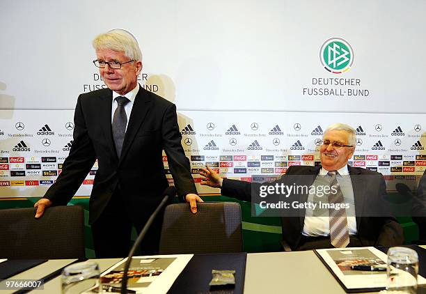 Reinhard Rauball, president of the German football league and Theo Zwanziger, president of the German Football Association attend the DFB executive...