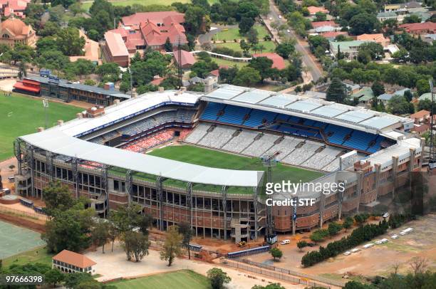 Aerial view taken on February 14, 2010 shows the Loftus Versfeld Stadium in central Pretoria, South Africa, ahead of the 2010 Football World Cup....