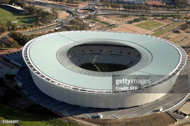 Aerial view taken on February 17, 2010 shows the Green Point Stadium in Cape Town, South Africa, ahead of the 2010 Football World Cup. About 450 000...