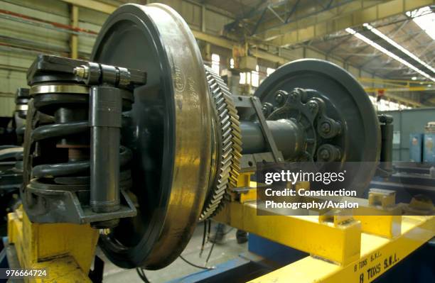 New wheel sets for Le Shuttle train in build at Brush works, Loughborough, circa 1993.