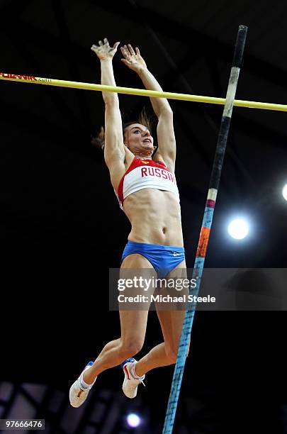 Elena Isinbaeva of Russia celebrates clearin a jump in the Womens Pole Vault Qualification during Day 1 of the IAAF World Indoor Championships at the...