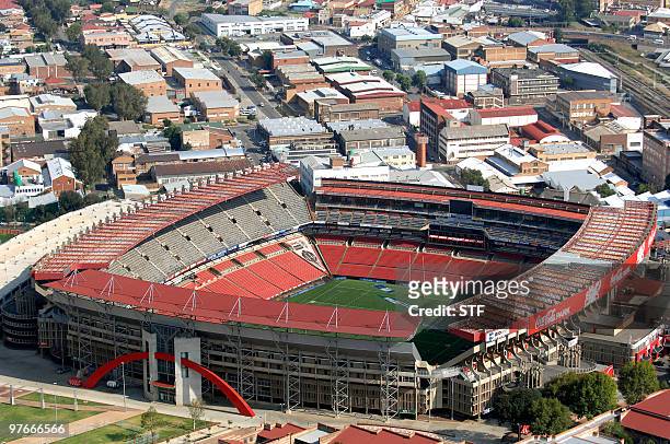 Aerial view taken on February 18, 2010 shows the Ellis Park Stadium in Johannesburg, South Africa, ahead of the 2010 Football World Cup. About 450...