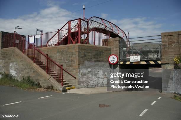 Platform access and road under low bridge at the entrance to Monifieth station, Strathmore 31st May 2007.