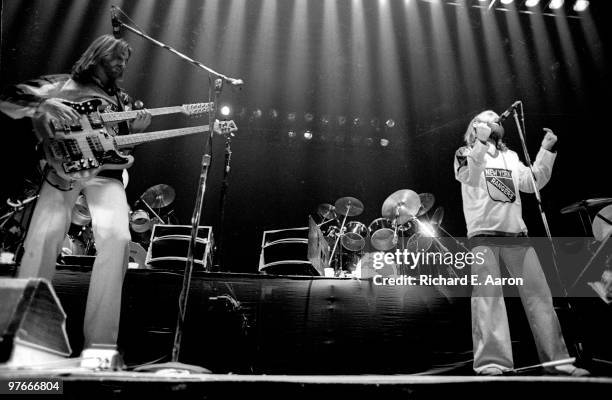 Mike Rutherford and Phil Collins from Genesis perform live on stage at Madison Square Garden in New York on February 23 1977