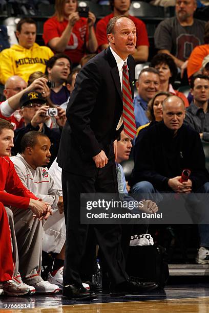 Head coach Thad Matta of the Ohio State Buckeyes watches action against the Michigan Wolverines during the quarterfinals of the Big Ten Men's...