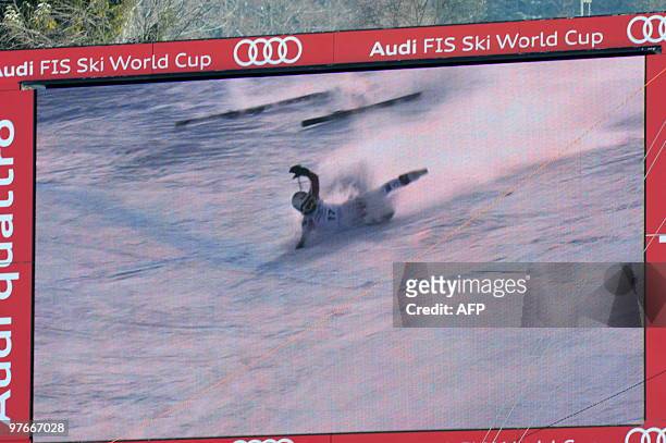 Julia Mancuso is seen on a gian video screen replay crashing in the during the women's Alpine skiing World Cup Super G Slalom finals in Garmisch...