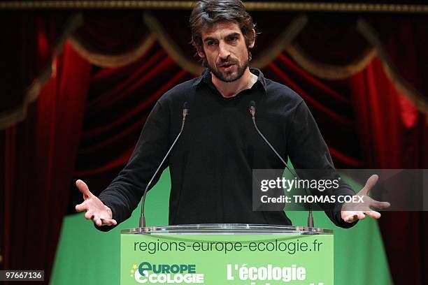 Augustin Legrand, third on the Europe Ecologie party list in Paris for the French Regional election, delivers a speech during a campaign meeting in...