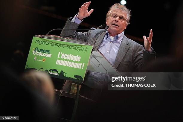 Germany's Daniel Cohn-Bendit, EU lawmaker and head of Europe Ecologie party delivers a speech during a campaign meeting in Paris on March 10 for the...
