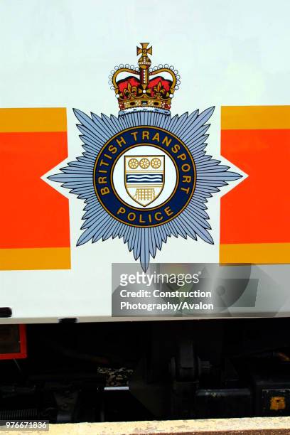 British Transport Police logo on the side of a class 47829 Police Train at Birmingham New Street Station, 2003.