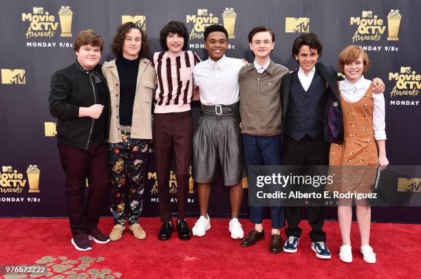 Actors Jeremy Ray Taylor, Wyatt Oleff, Finn Wolfhard, Chosen Jacobs, Jaeden Lieberher, Jack Dylan Grazer, and Sophia Lillis attend the 2018 MTV Movie...