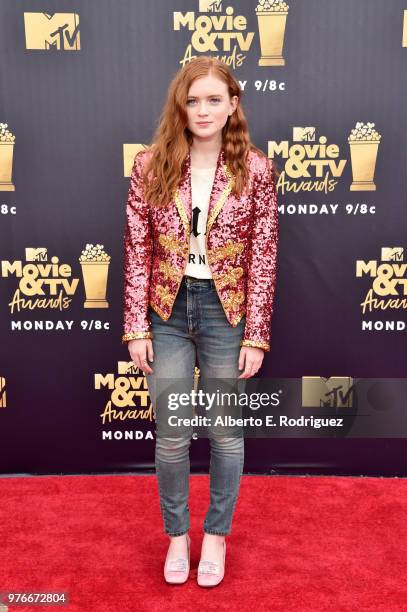 Actor Sadie Sink attends the 2018 MTV Movie And TV Awards at Barker Hangar on June 16, 2018 in Santa Monica, California.