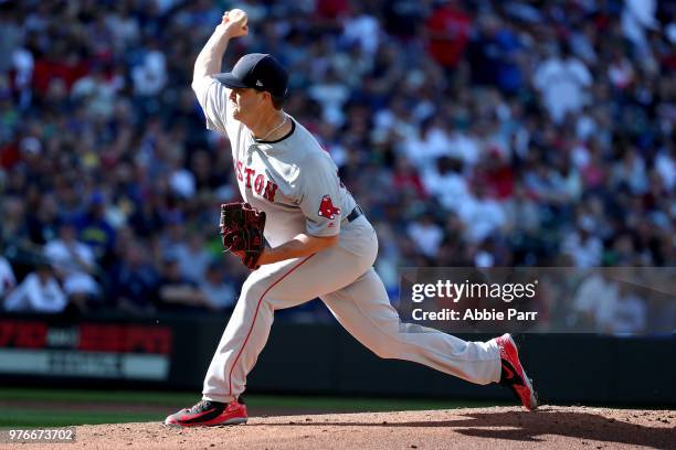 Steven Wright of the Boston Red Sox pitches in the first inning against the Seattle Mariners during their game at Safeco Field on June 16, 2018 in...