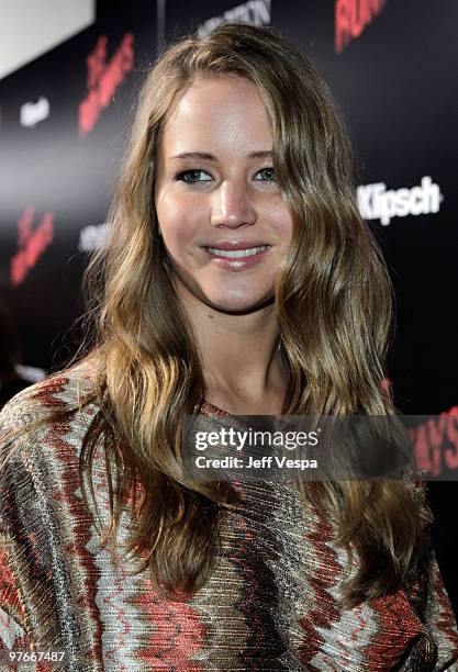 Actress Jennifer Lawrence arrives at the Los Angeles Premiere of The Runaways presented by Apparition and KLIPSCH at ArcLight Cinemas Cinerama Dome...