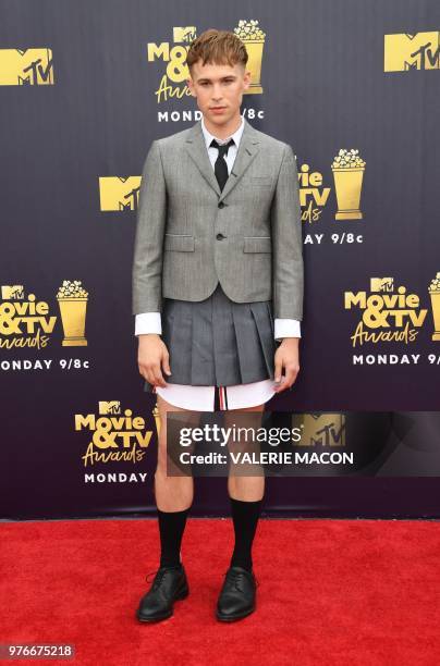 Actor Tommy Dorfman attends the 2018 MTV Movie & TV awards, at the Barker Hangar in Santa Monica on June 16, 2018. - This year's show is not live. It...