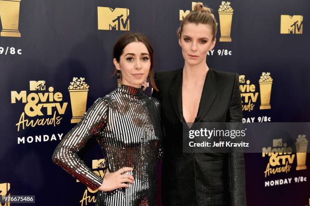Actors Christin Milioti and Betty Gilpin attend the 2018 MTV Movie And TV Awards at Barker Hangar on June 16, 2018 in Santa Monica, California.