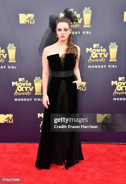 Actor Katherine Langford attends the 2018 MTV Movie And TV Awards at Barker Hangar on June 16, 2018 in Santa Monica, California.