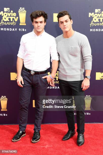 Ethan Dolan and Grayson Dolan attends the 2018 MTV Movie And TV Awards at Barker Hangar on June 16, 2018 in Santa Monica, California.
