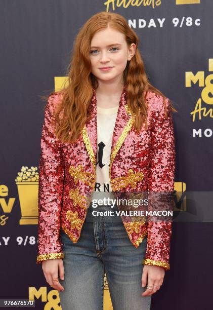 Actress Sadie Sink attends the 2018 MTV Movie & TV awards, at the Barker Hangar in Santa Monica on June 16, 2018. - This year's show is not live. It...