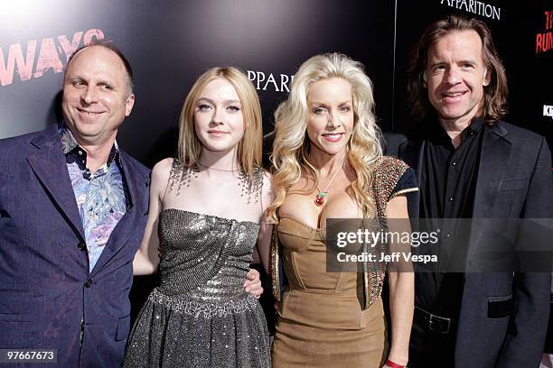 Apparition CEO Bob Berney, actress Dakota Fanning, musician Cherie Currie, and producer William Pohlad arrive at the Los Angeles Premiere of The...