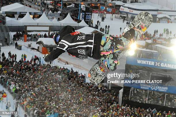 Switzerland's Iouri Podladtchikov competes in the Men's Freestyle Snowboard superpipe, during the European stage of the Winter X-Games, on March 12...