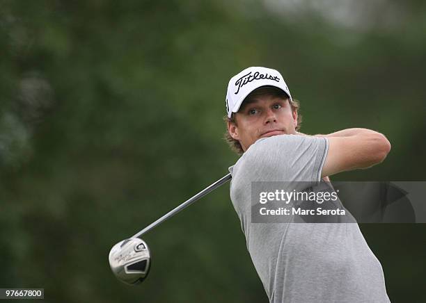 Nick Watney tees off on the fifth tee box during round two of the 2010 WGC-CA Championship at the TPC Blue Monster at Doral on March 12, 2010 in...