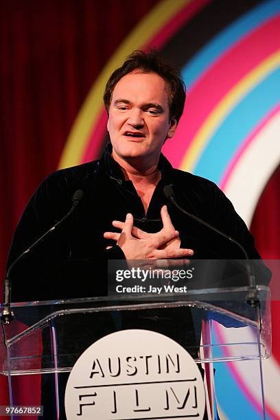 Director,ProducerActor Quentin Tarantino recieves the Tom Mix Honorary Texan Award at the 2010 Texas Film Hall Of Fame Awards on March 11, 2010 in...