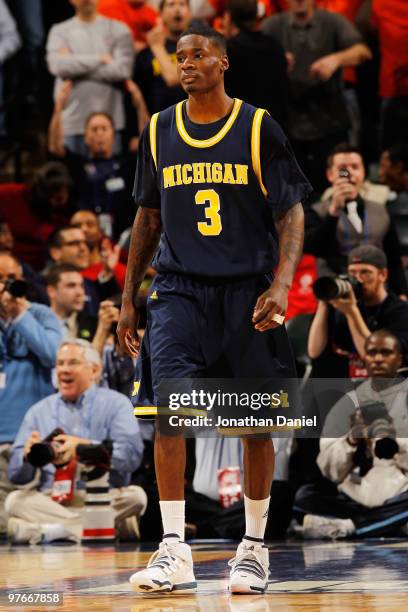 Guard Manny Harris of the Michigan Wolverines reacts after losing in the final seconds of their quarterfinal game against the Ohio State Buckeyes in...