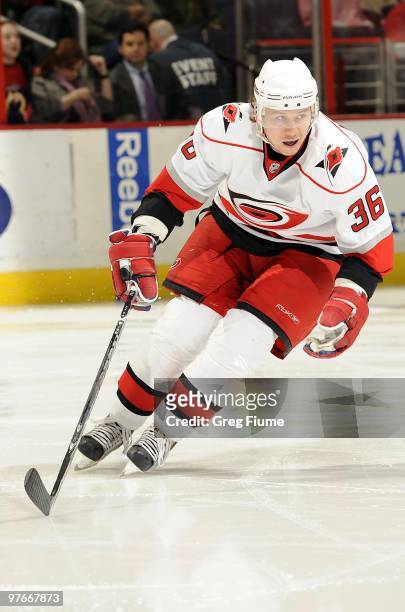 Jussi Jokinen of the Carolina Hurricanes skates down the ice against the Washington Capitals on March 10, 2010 at the Verizon Center in Washington,...