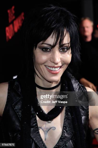 Musician Joan Jett arrives at the Los Angeles Premiere of The Runaways presented by Apparition and KLIPSCH at ArcLight Cinemas Cinerama Dome on March...