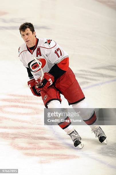 Rod Brind'Amour of the Carolina Hurricanes warms up before the game against the Washington Capitals on March 10, 2010 at the Verizon Center in...
