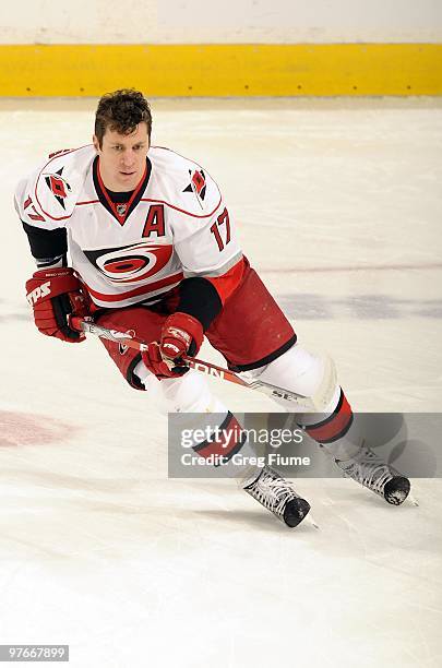 Rod Brind'Amour of the Carolina Hurricanes warms up before the game against the Washington Capitals on March 10, 2010 at the Verizon Center in...