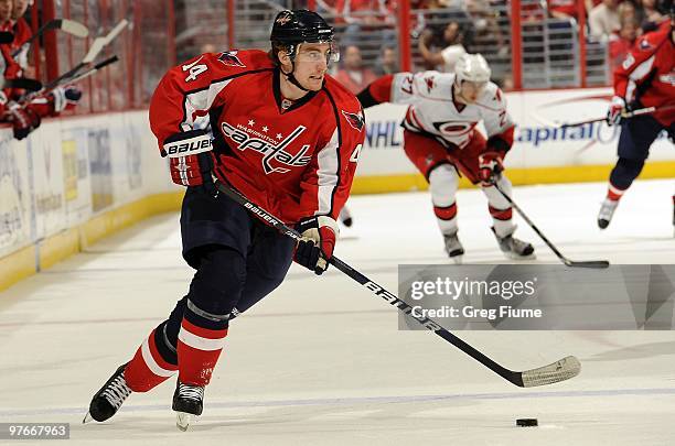 Tomas Fleischmann of the Washington Capitals handles the puck against the Carolina Hurricanes on March 10, 2010 at the Verizon Center in Washington,...