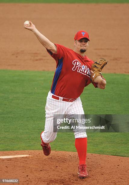 Pitcher Joe Blanton of the Philadelphia Phillies starts against the Detroit Tigers March 11, 2010 at the Bright House Field in Clearwater, Florida.