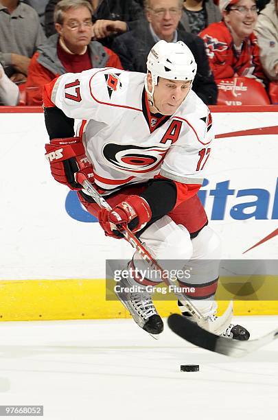 Rod Brind'Amour of the Carolina Hurricanes handles the puck against the Washington Capitals on March 10, 2010 at the Verizon Center in Washington, DC.