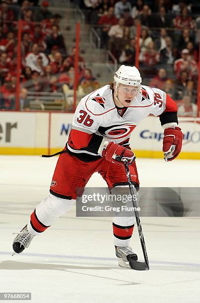 Jussi Jokinen of the Carolina Hurricanes skates down the ice against the Washington Capitals on March 10, 2010 at the Verizon Center in Washington,...