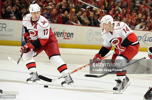 Rod Brind'Amour of the Carolina Hurricanes passes the puck to Sergei Samsonov during the game against the Washington Capitals on March 10, 2010 at...
