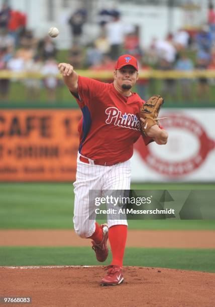 Pitcher Joe Blanton of the Philadelphia Phillies starts against the Detroit Tigers March 11, 2010 at the Bright House Field in Clearwater, Florida.