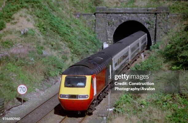 Midland Mainline Rio service is seen here emerging from a tunnel on the Hope Valley line in the Peak District national park shortly after passing...