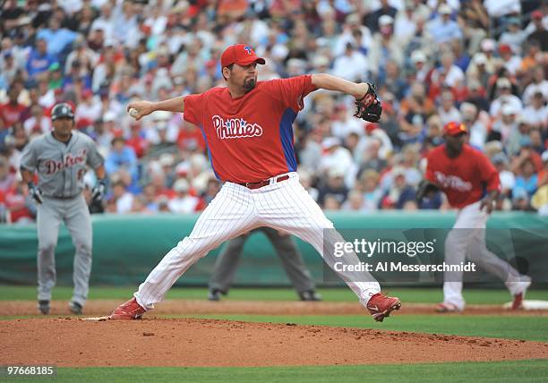 Pitcher Joe Blanton of the Philadelphia Phillies starts against the Detroit Tigers March 11, 2010 at the Bright House Field in Clearwater, Florida.