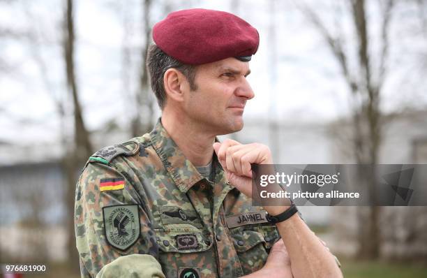 April 2018, Germany, Pfullendorf: The commander of the training centre for special operations of the German Federal Defence, Colonel Carsten Jahnel,...