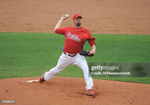 Pitcher Joe Blanton of the Philadelphia Phillies starts against the Detroit Tigers March 11, 2010 at the Bright House Field in Clearwater, Florida.