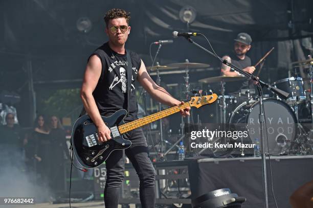 Mike Kerr of Royal Blood performs on the Firefly Stage during the 2018 Firefly Music Festival on June 16, 2018 in Dover, Delaware.